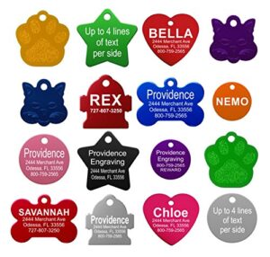 Providence Engraving Pet ID Tags - Small or Large Personalized Anodized Aluminum Pet Tags in Bone, Round, Star, Heart, Hydrant, Paw and Cat Face Shapes and 9 Colors for Dog and Cat 