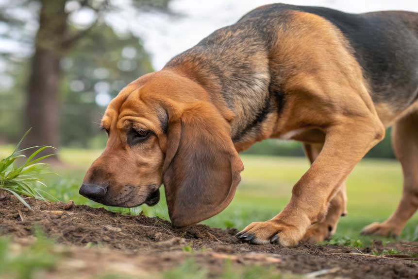 Bloodhound using long ears to track scent