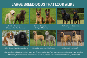 large breed dogs that look alike, dog breed comparisons, Labrador vs Chesapeake Bay Retriever, German Shepherd vs Belgian Malinois, Rottweiler vs Doberman Pinscher, Saint Bernard vs Newfoundland, Great Dane vs Irish Wolfhound, Bullmastiff vs Mastiff, large dog breed differences, similar looking dog breeds, dog breed identification, choosing the right dog breed, large dog breed guide, Hands2Paws breed matcher, dog adoption tips, breed-specific dog traits